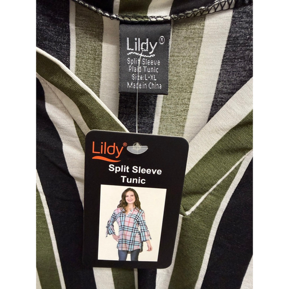 Women's Lildy Split Sleeve Tunic L Green Black Striped - Picture 2 of 3